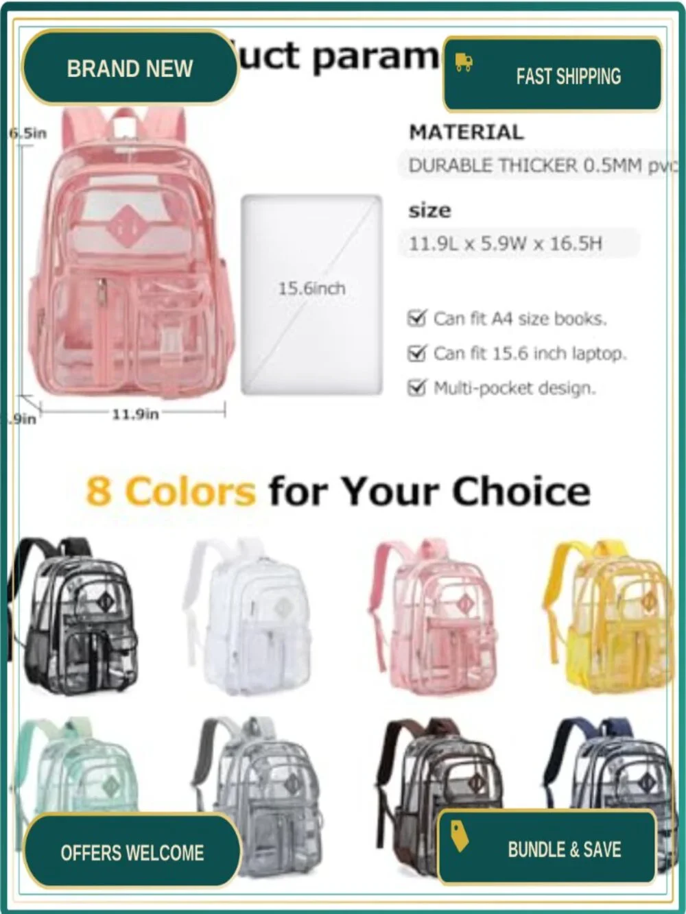 Clear Backpack for School Women Girls Heavy Duty Transparent PVC Bookbag